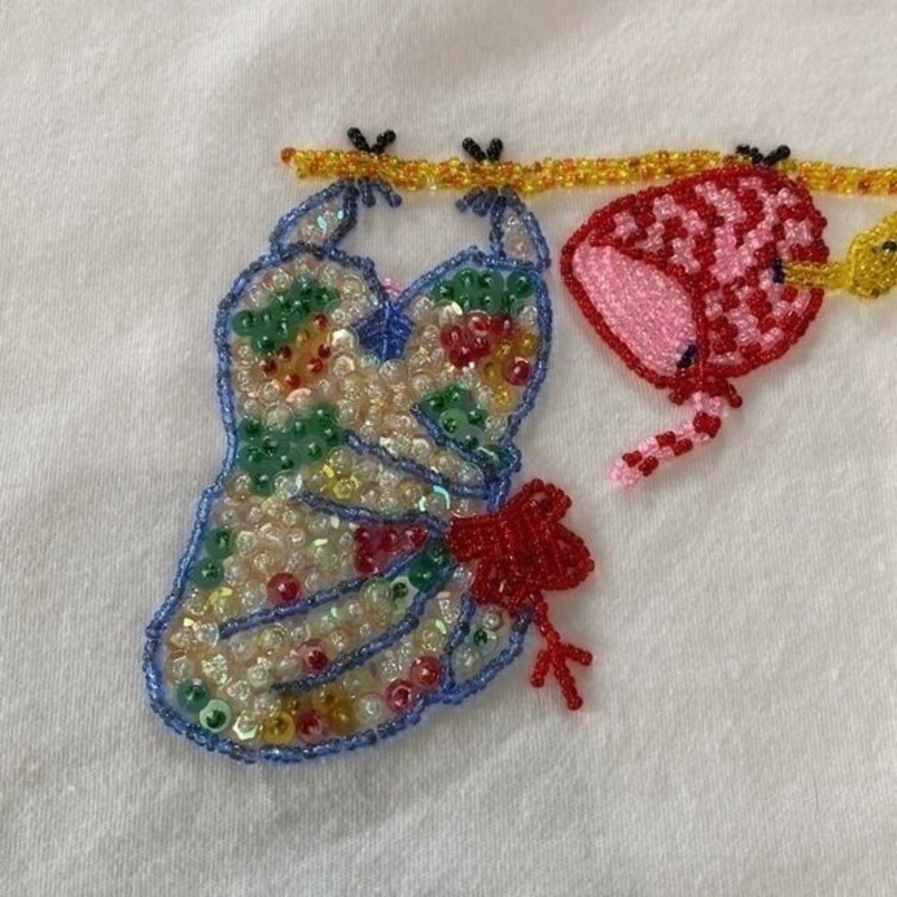 PARADISO Clothes Line Beaded Short Sleeve Cropped Tee Top Cotton Scoop Neck Cute - Picture 9 of 11